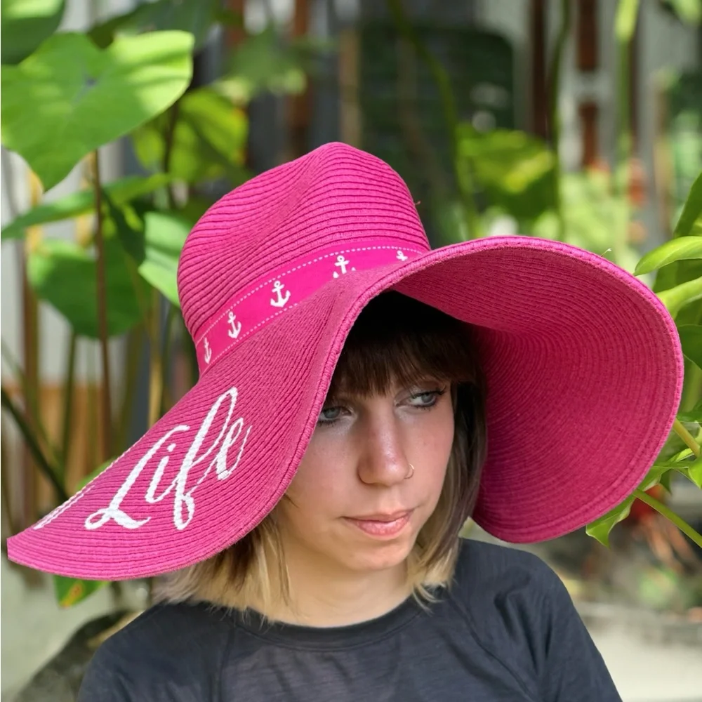 Coastalista Pink Sunhat Large Brim Embroidered Beach Life